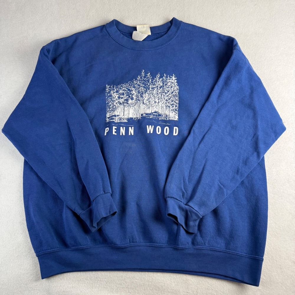 Vintage Lee Heavyweight Penn Wood Graphic Sweatshirt Blue XL Forest Cabin Print